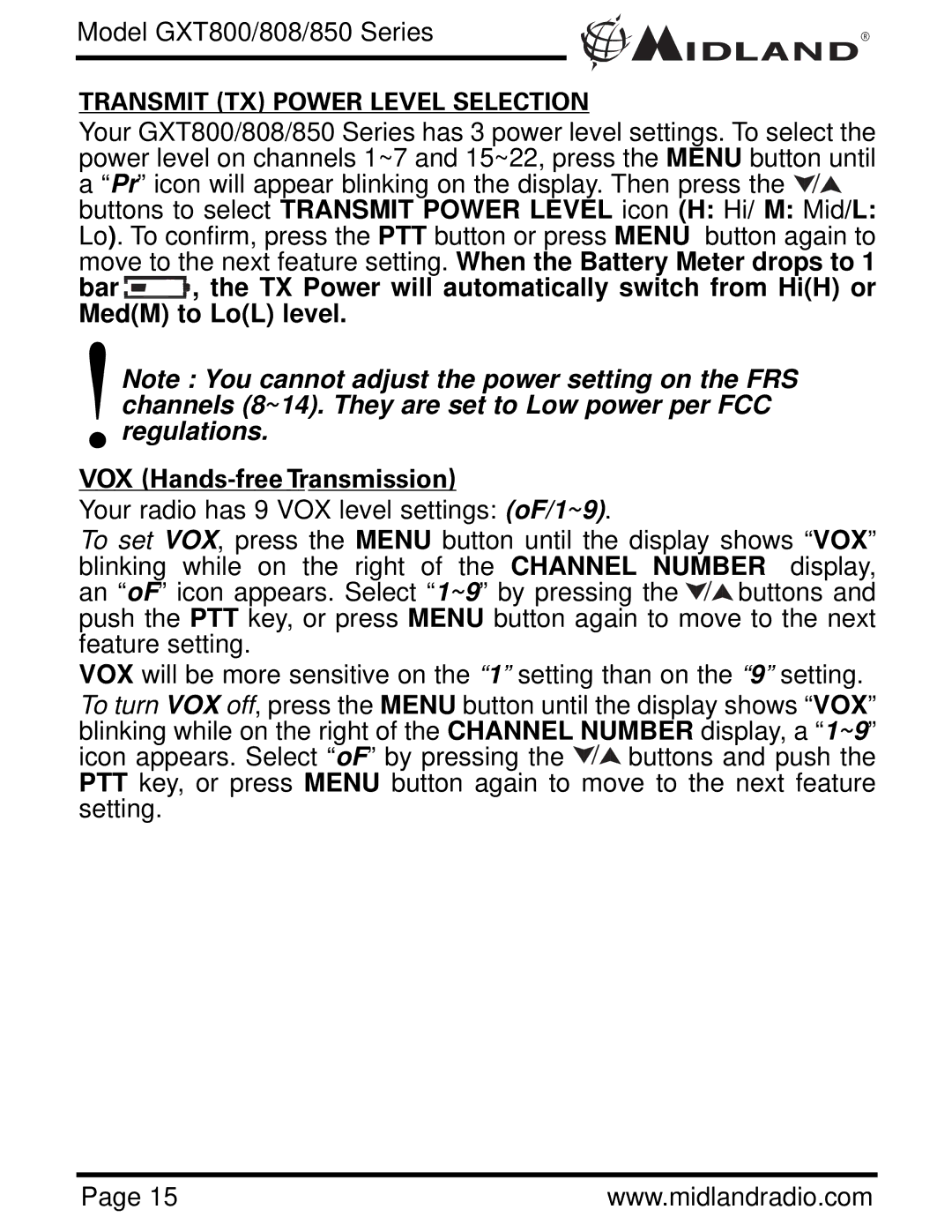 Midland Radio GXT850, GXT808, GXT800 owner manual Transmit TX Power Level Selection 