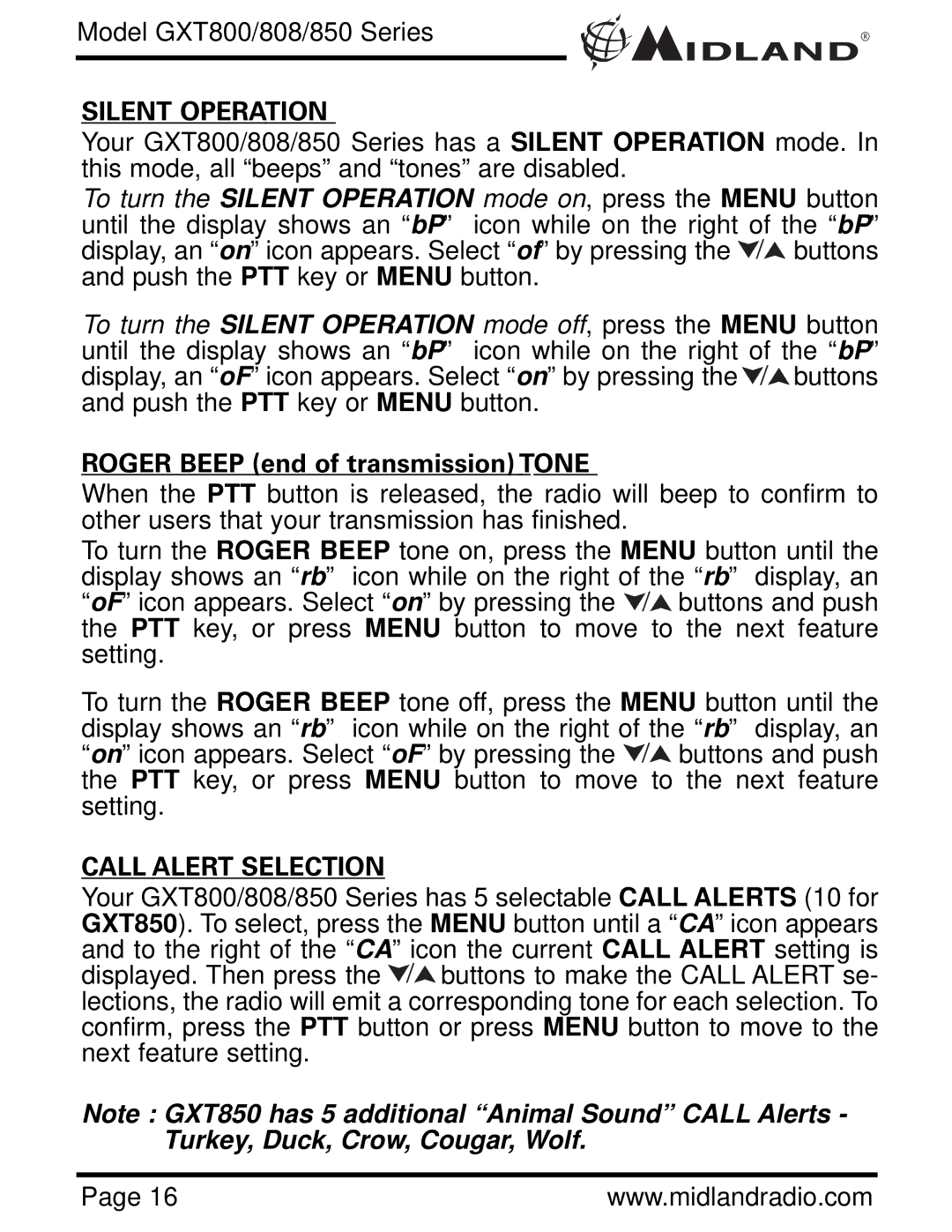 Midland Radio GXT808, GXT850, GXT800 owner manual Silent Operation, Roger Beep end of transmission Tone, Call Alert Selection 