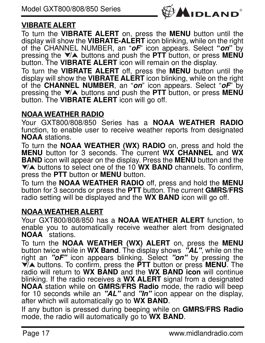 Midland Radio GXT800, GXT850, GXT808 owner manual Vibrate Alert, Noaa Weather Radio, Noaa Weather Alert 