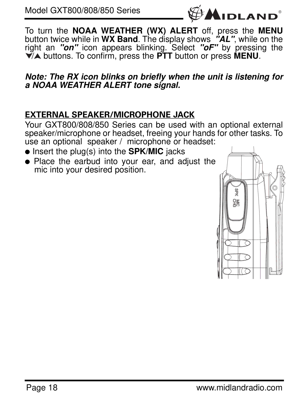 Midland Radio GXT850, GXT808, GXT800 owner manual External SPEAKER/MICROPHONE Jack 