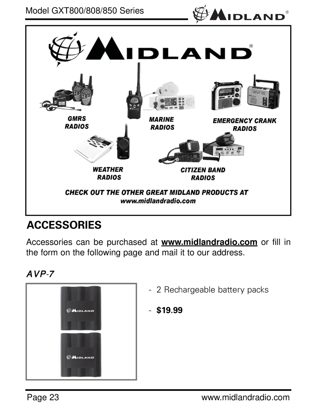 Midland Radio GXT800, GXT850, GXT808 owner manual Accessories, $19.99 