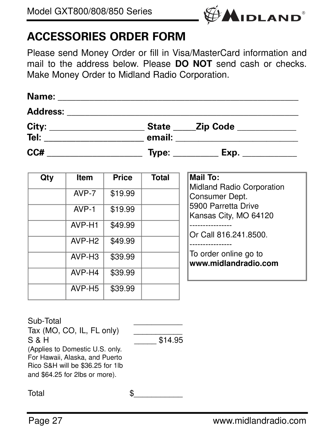 Midland Radio GXT850, GXT808, GXT800 Accessories Order Form, Name Address City State Zip Code Tel email, Type Exp 