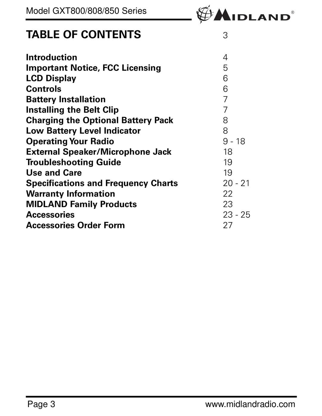 Midland Radio GXT850, GXT808, GXT800 owner manual Table of Contents 