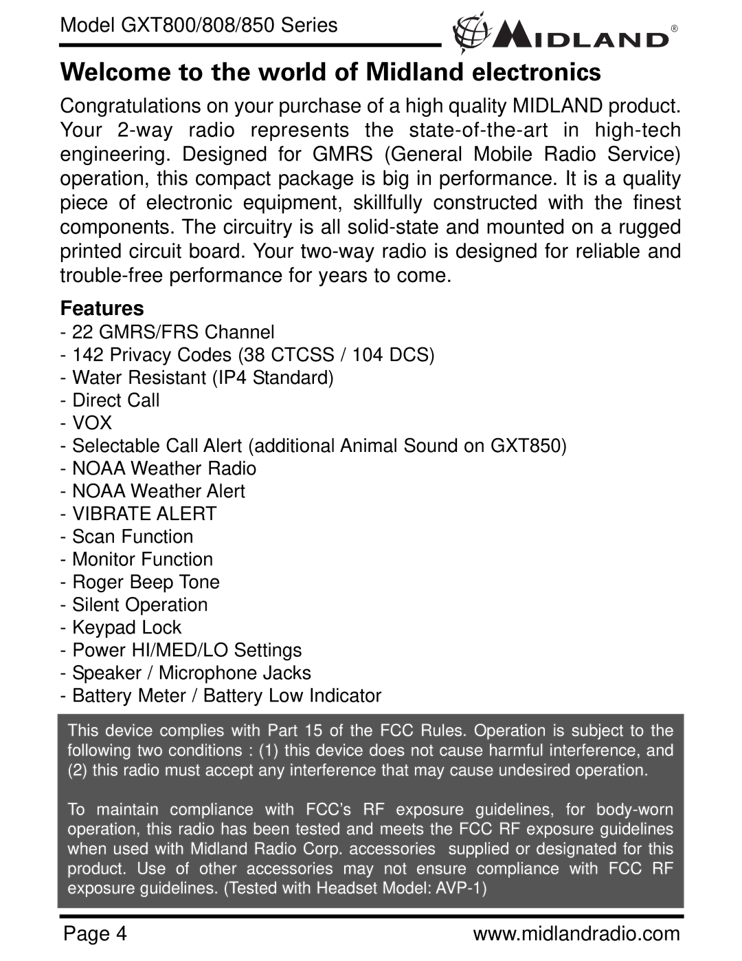 Midland Radio GXT808, GXT850, GXT800 owner manual Welcome to the world of Midland electronics, Features 