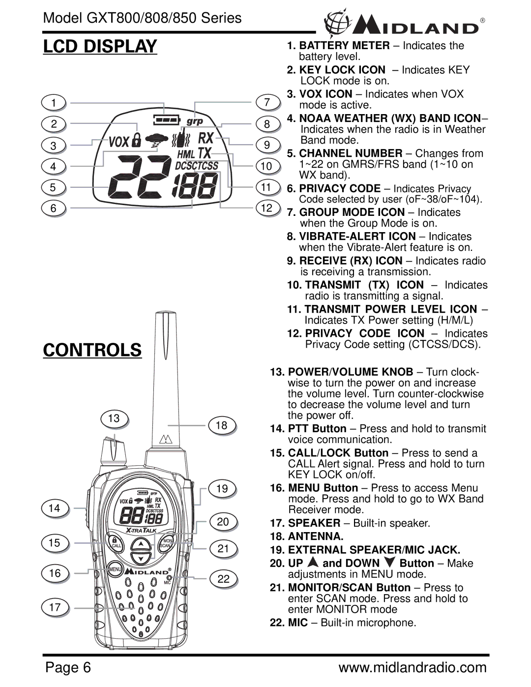 Midland Radio GXT850, GXT808, GXT800 owner manual LCD Display, Controls 