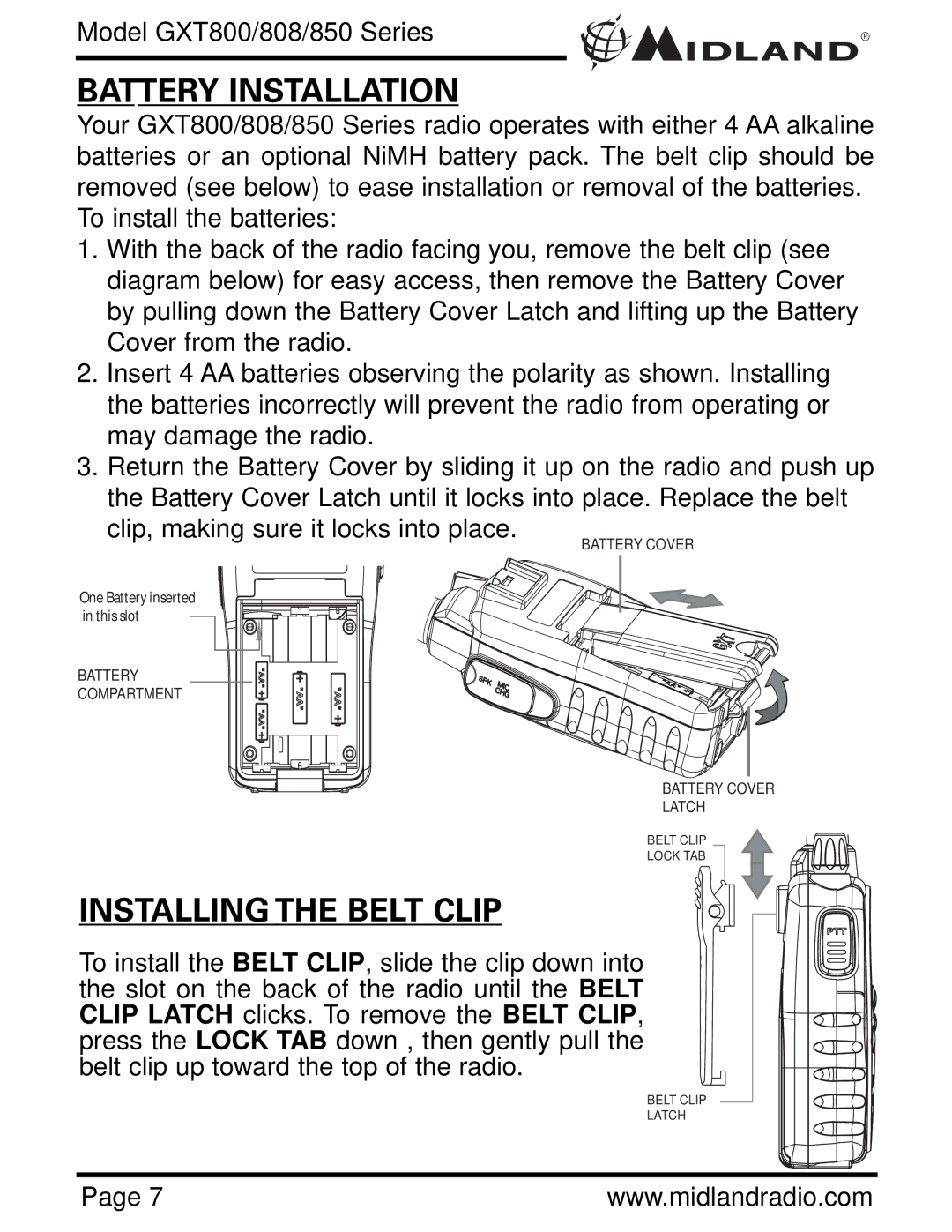 Midland Radio GXT808, GXT850, GXT800 owner manual Battery Installation, Installing the Belt Clip 