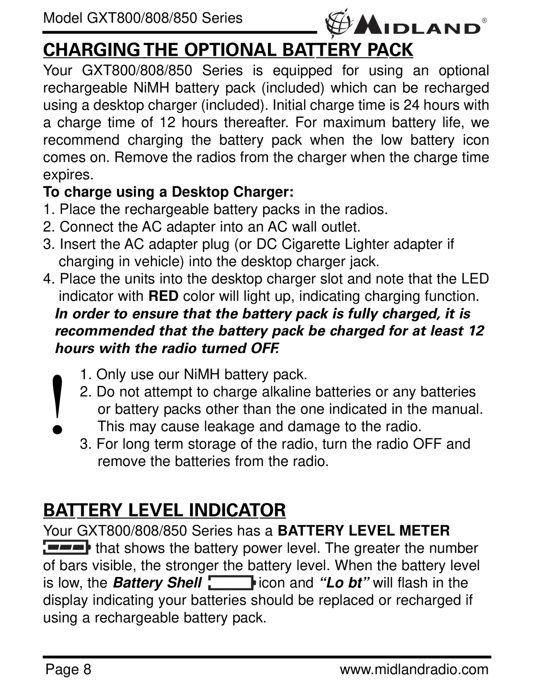 Midland Radio GXT800 Charging the Optional Battery Pack, Battery Level Indicator, To charge using a Desktop Charger 