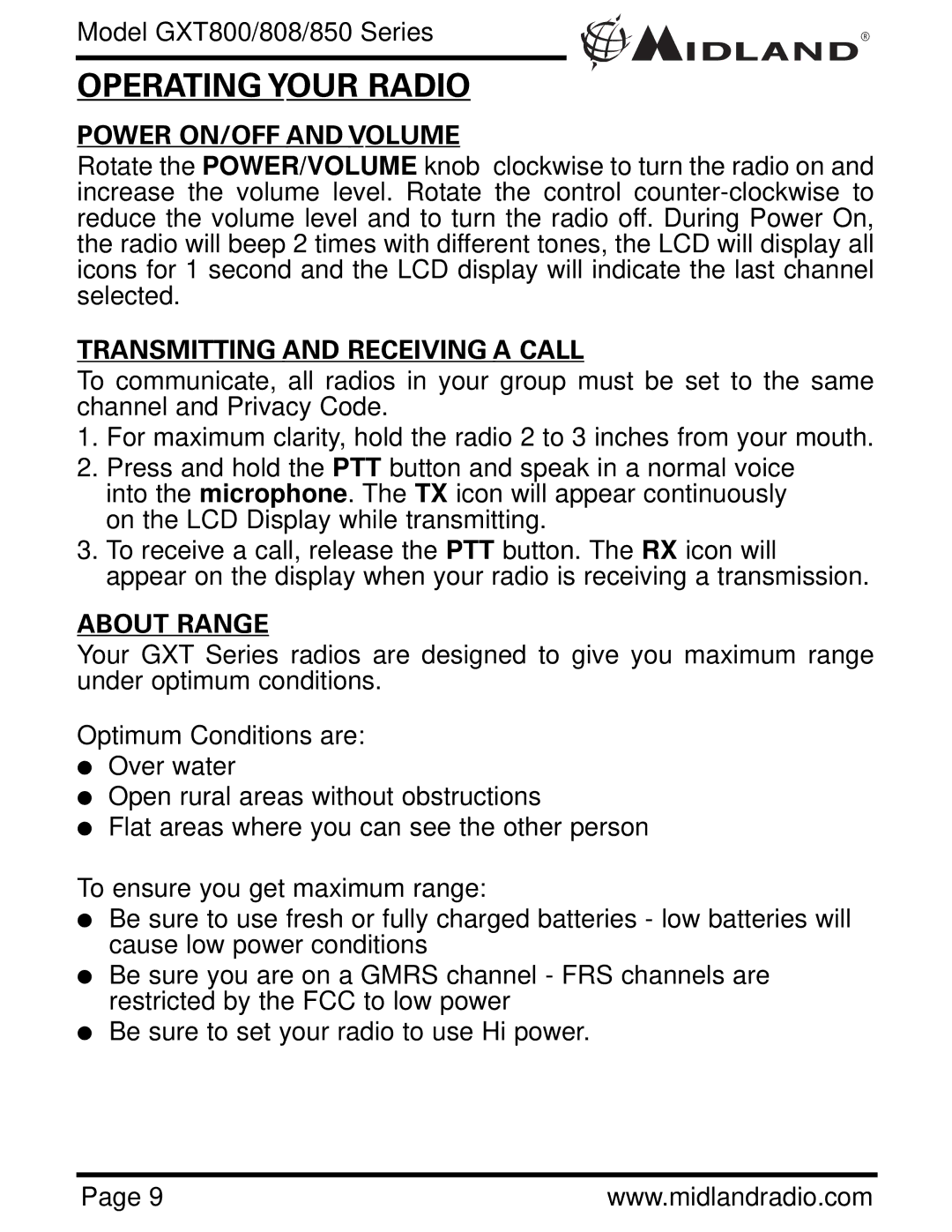 Midland Radio GXT850, GXT808 Operating Your Radio, Power ON/OFF and Volume, Transmitting and Receiving a Call, About Range 