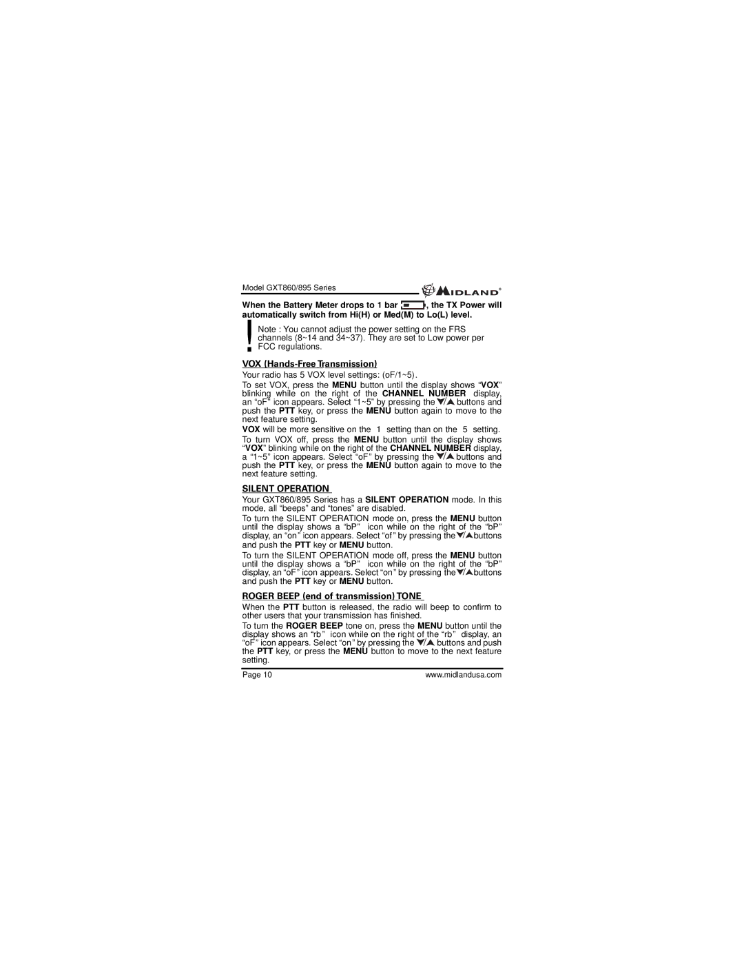 Midland Radio GXT860, 895 manual Silent Operation, When the Battery Meter drops to 1 bar , the TX Power will 