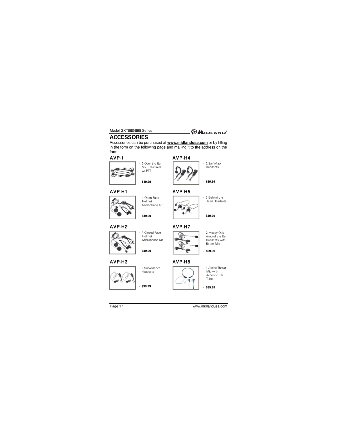 Midland Radio 895, GXT860 manual Accessories 