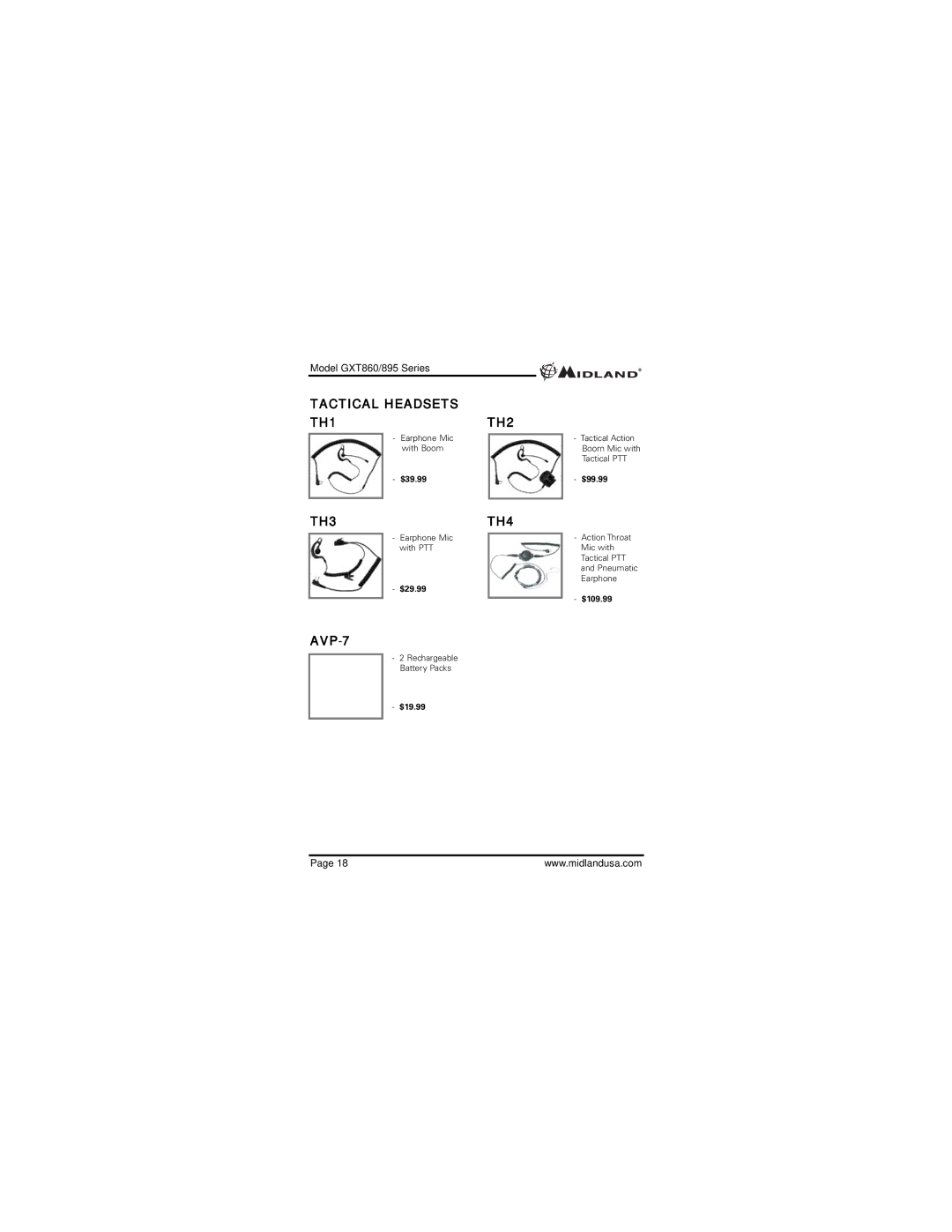 Midland Radio GXT860, 895 manual Tactical Headsets TH1TH2 