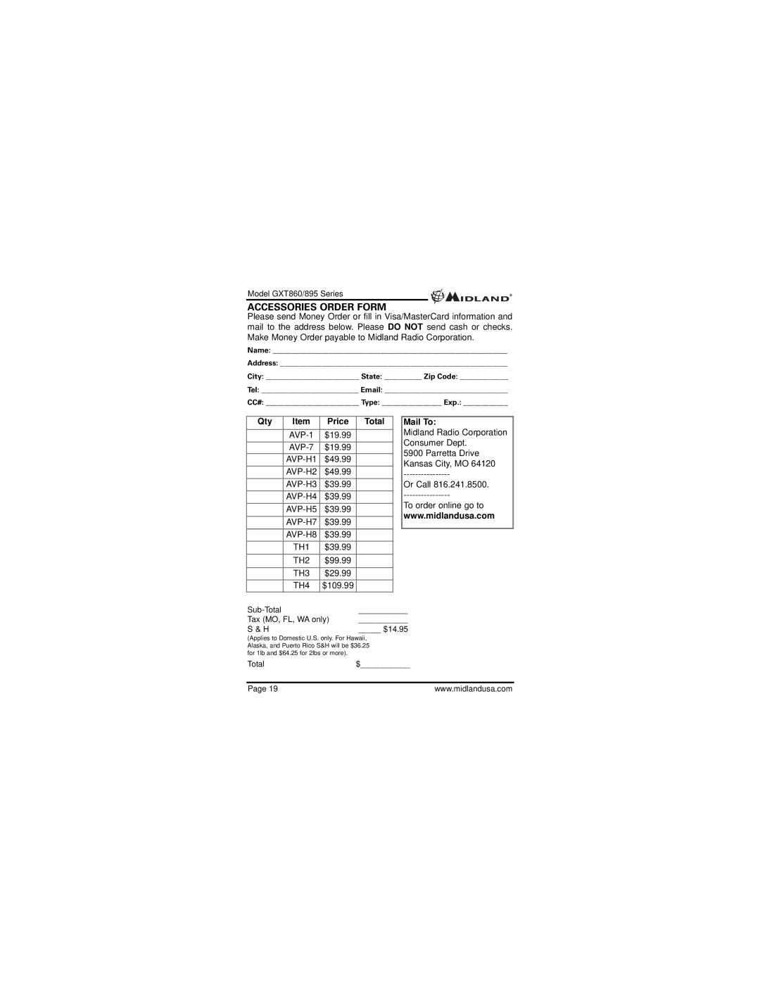 Midland Radio 895, GXT860 manual Accessories Order Form, Qty Price Total, Mail To 