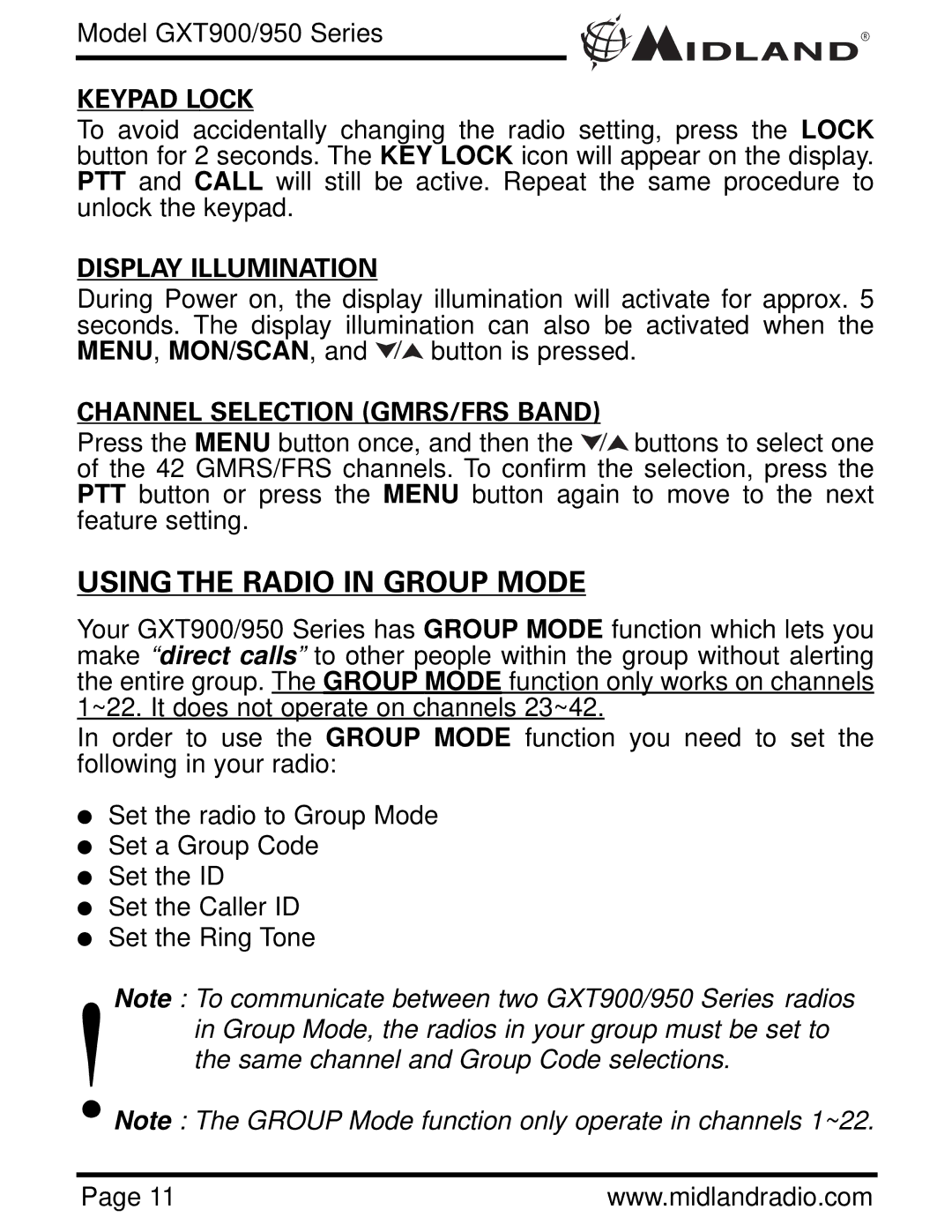 Midland Radio GXT900 Series, GXT950 Series owner manual Keypad Lock, Display Illumination, Channel Selection GMRS/FRS Band 