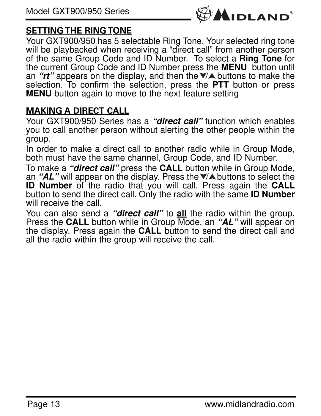 Midland Radio GXT900 Series, GXT950 Series owner manual Setting the Ring Tone, Making a Direct Call 