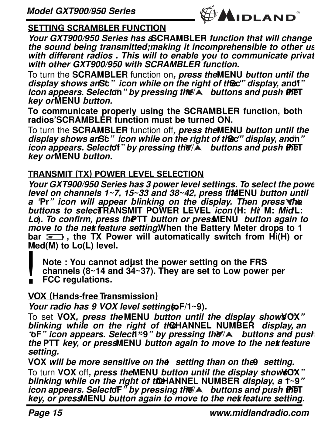 Midland Radio GXT900 Series, GXT950 Series owner manual Setting Scrambler Function 