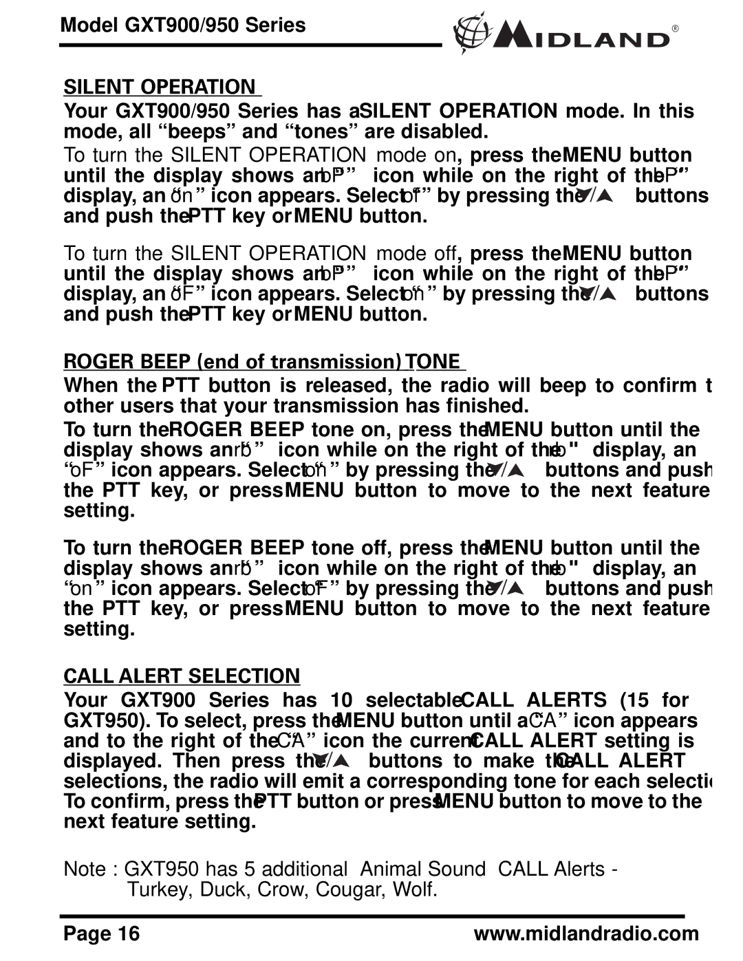 Midland Radio GXT950 Series, GXT900 Series Silent Operation, Roger Beep end of transmission Tone, Call Alert Selection 