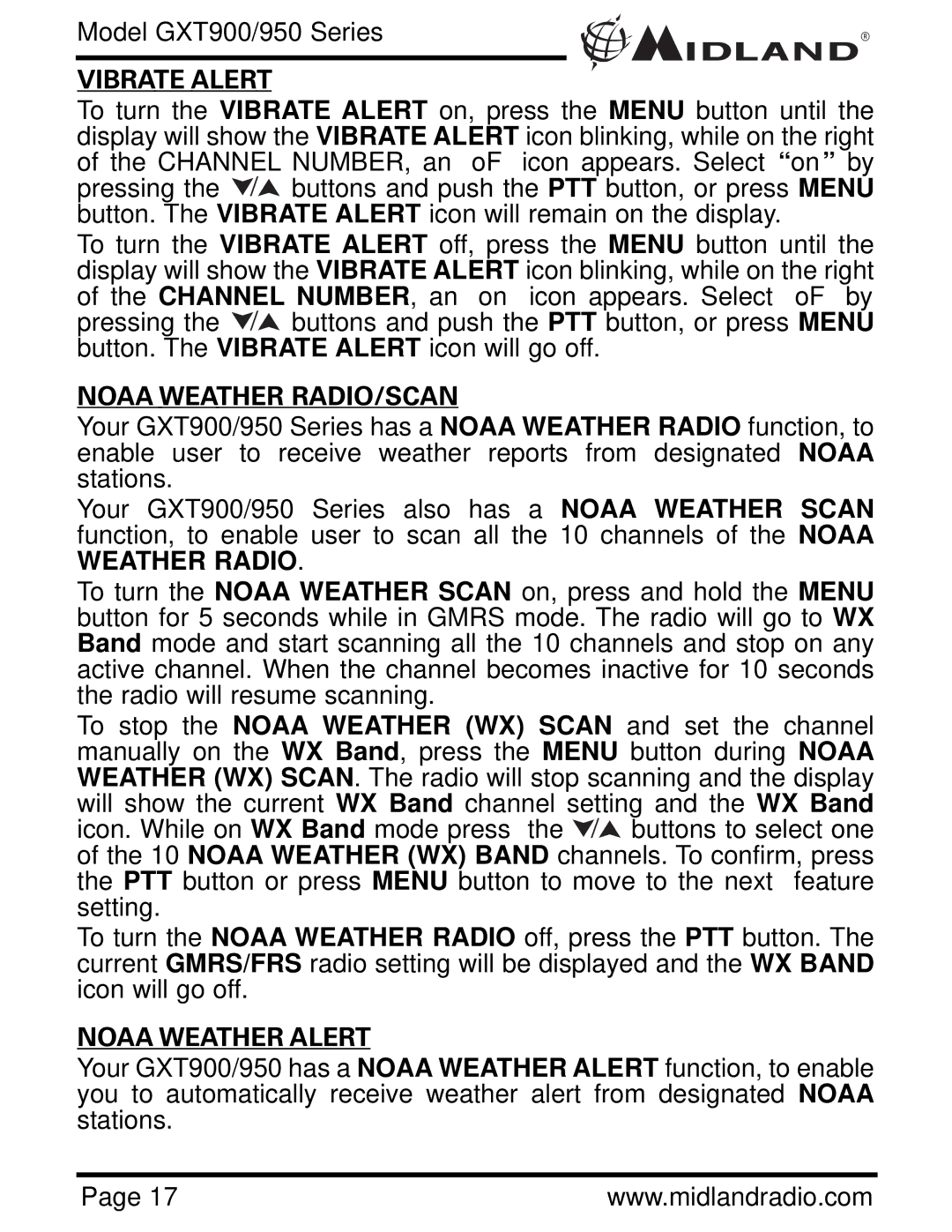 Midland Radio GXT900 Series, GXT950 Series owner manual Vibrate Alert, Noaa Weather RADIO/SCAN, Noaa Weather Alert 