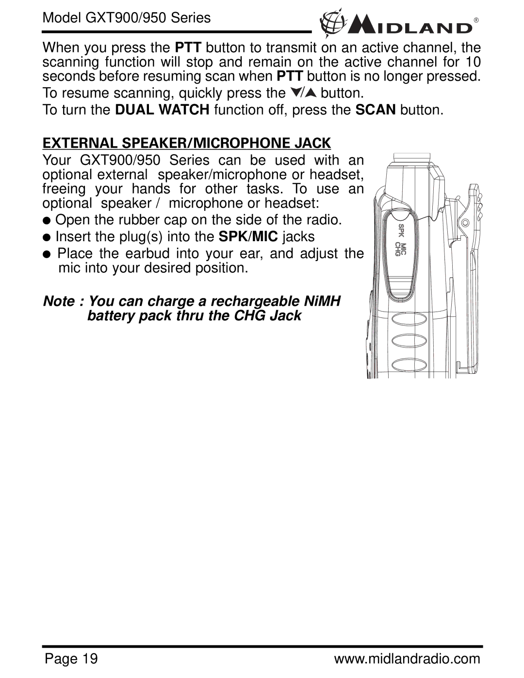 Midland Radio GXT900 Series, GXT950 Series owner manual External SPEAKER/MICROPHONE Jack 