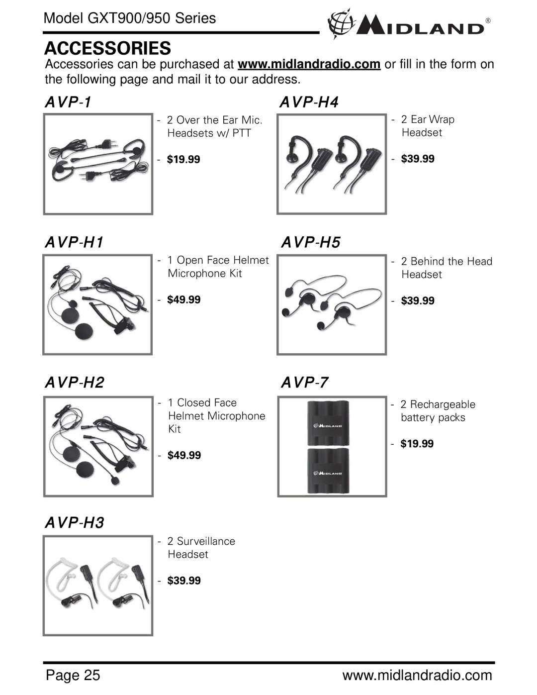 Midland Radio GXT900 Series, GXT950 Series owner manual Accessories, AVP-H2AVP-7 