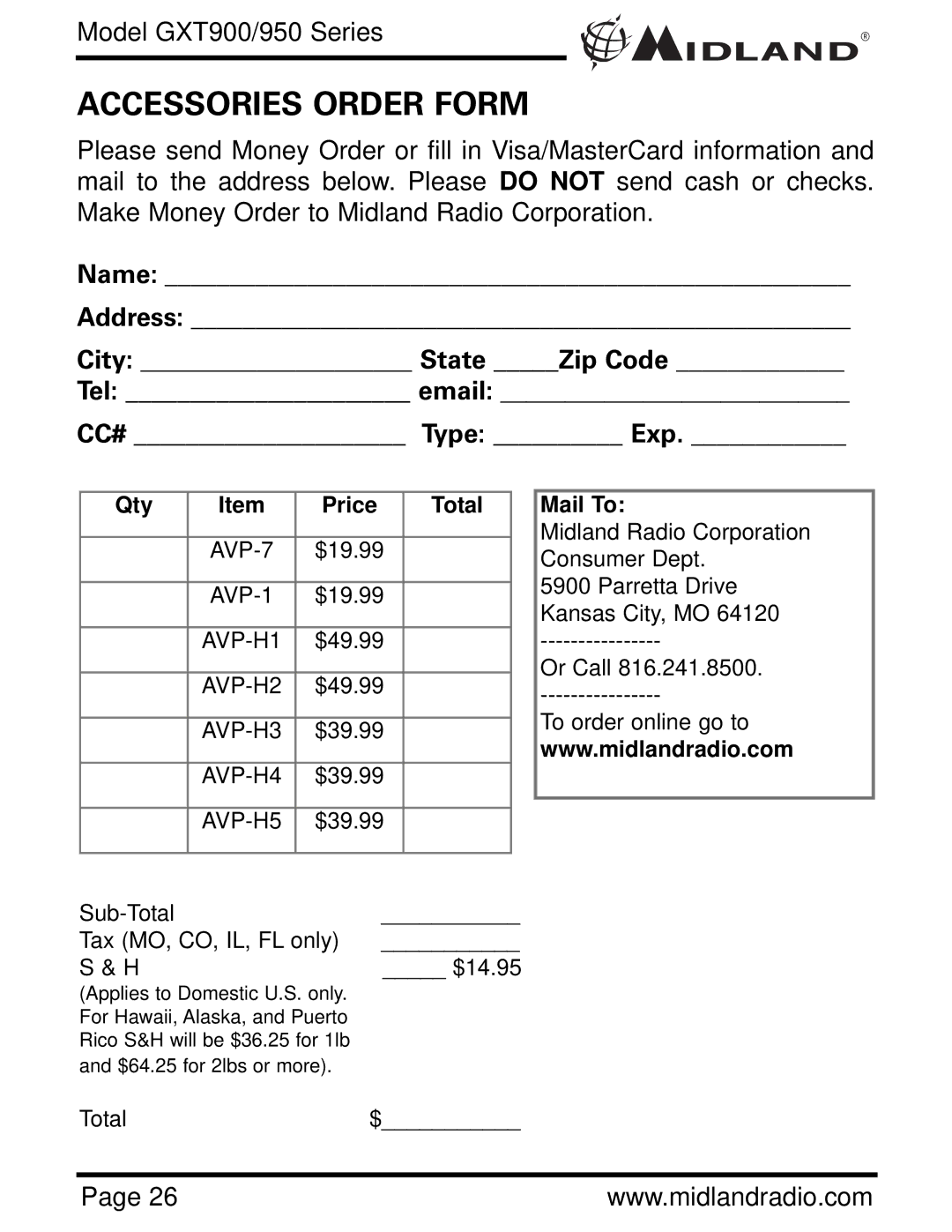 Midland Radio GXT950 Series, GXT900 Series Accessories Order Form, Name Address City State Zip Code Tel email, Type Exp 