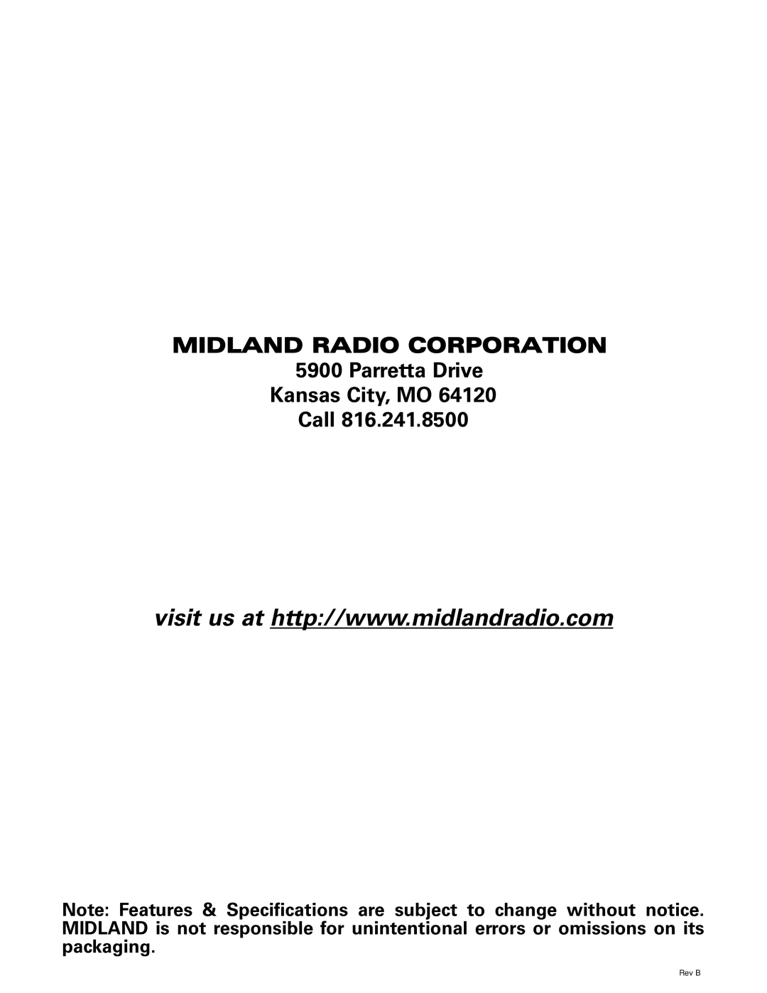 Midland Radio GXT950 Series, GXT900 Series owner manual Midland Radio Corporation, Parretta Drive Kansas City, MO Call 