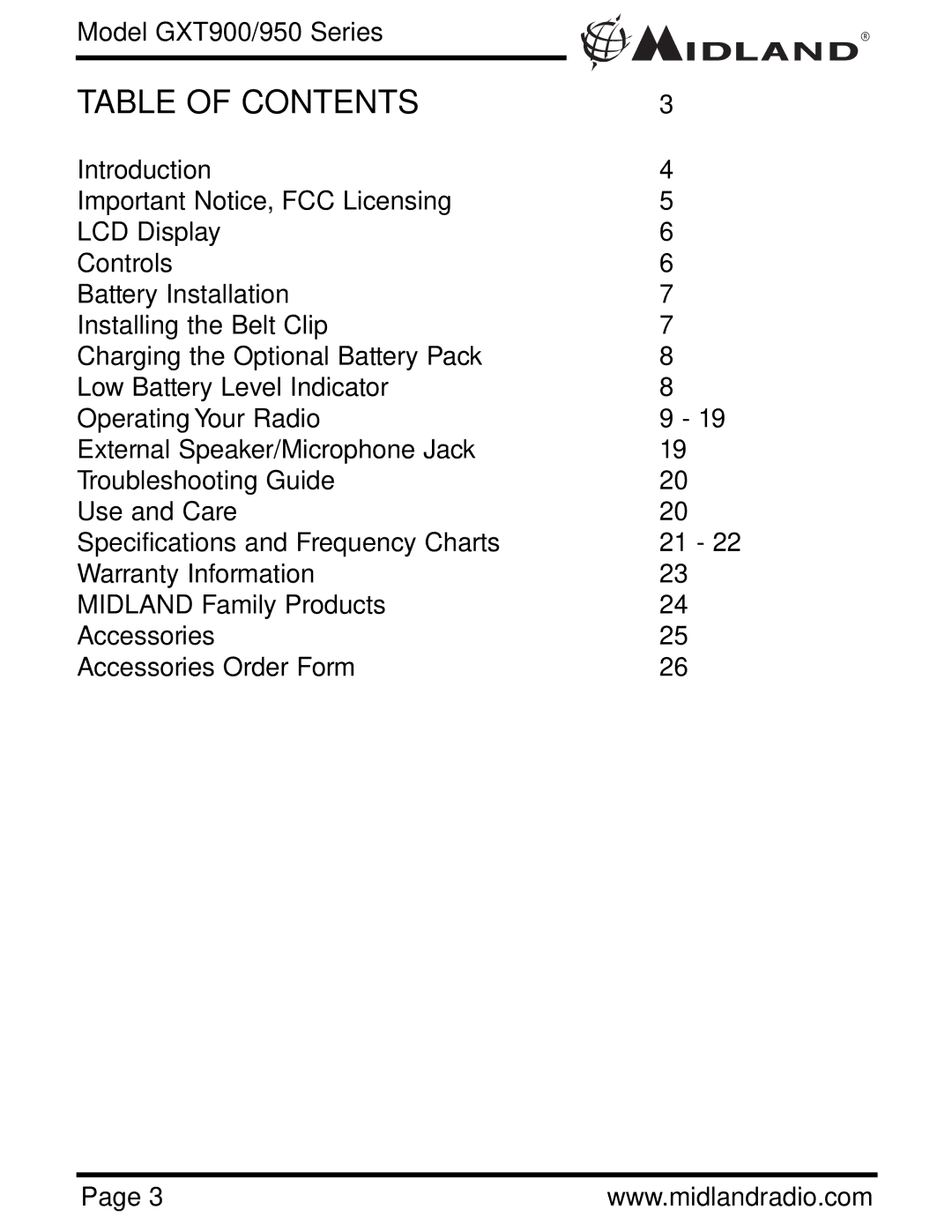 Midland Radio GXT900 Series, GXT950 Series owner manual Table of Contents 