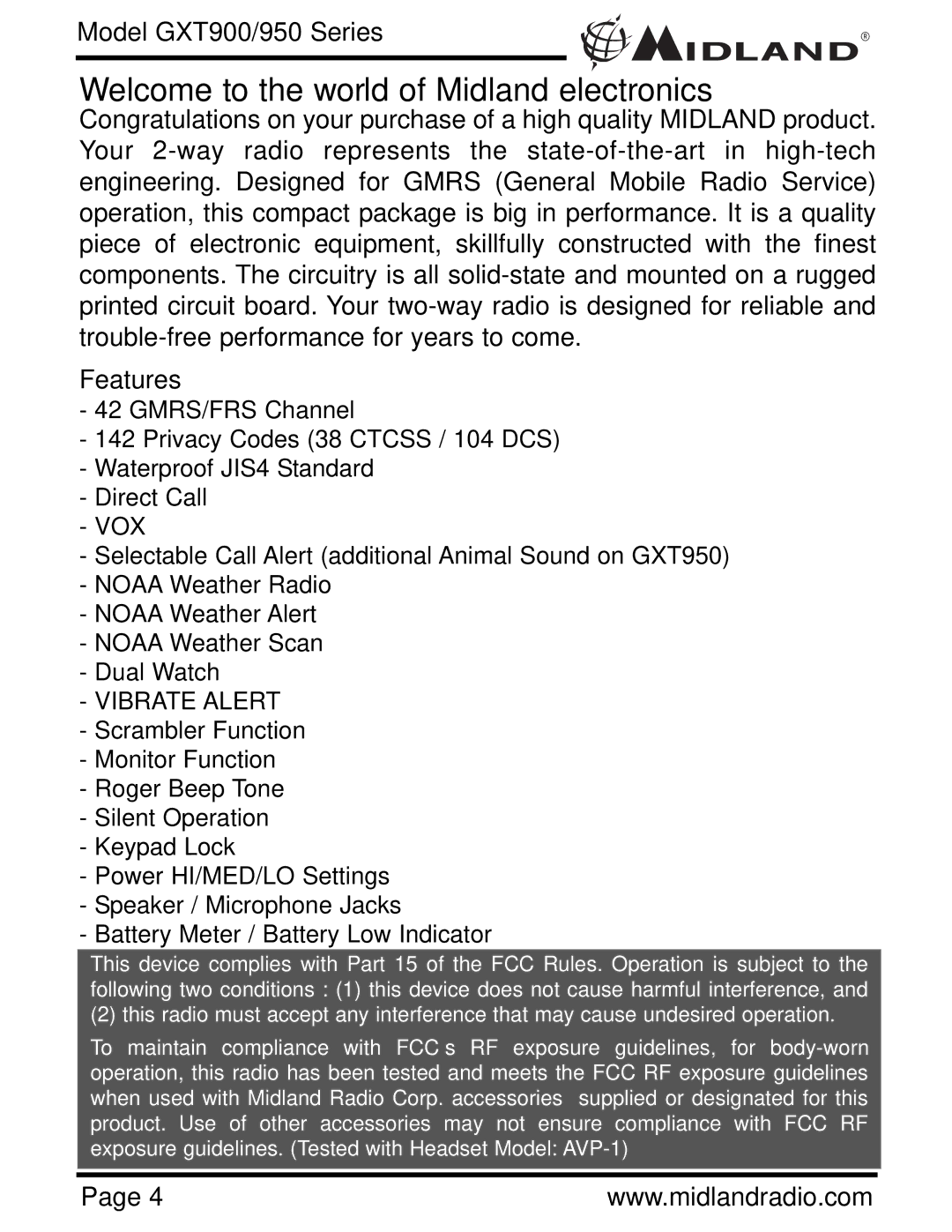 Midland Radio GXT950 Series, GXT900 Series owner manual Welcome to the world of Midland electronics, Features 