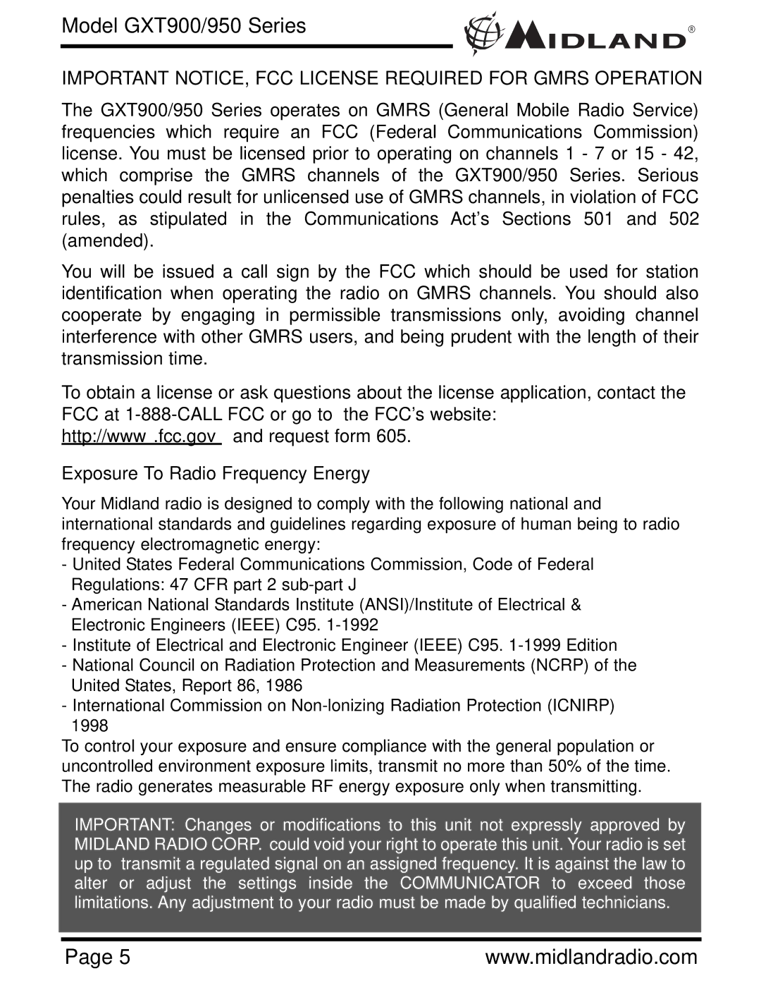 Midland Radio GXT900 Series, GXT950 Series owner manual Important NOTICE, FCC License Required for Gmrs Operation 