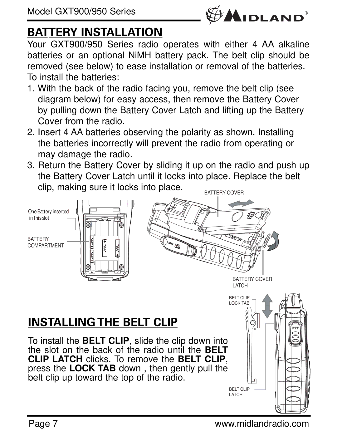 Midland Radio GXT900 Series, GXT950 Series owner manual Battery Installation, Installing the Belt Clip 