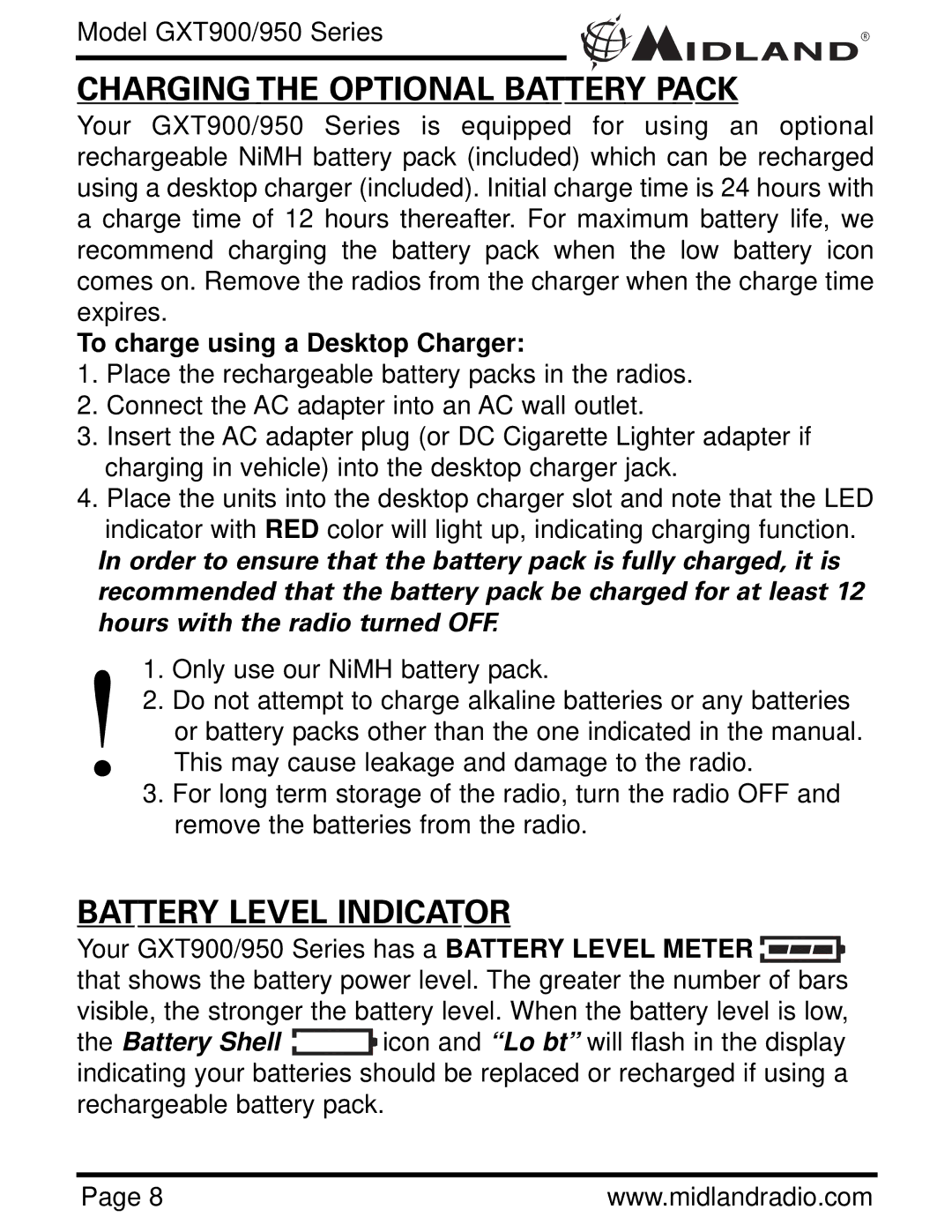 Midland Radio GXT950 Series Charging the Optional Battery Pack, Battery Level Indicator, To charge using a Desktop Charger 