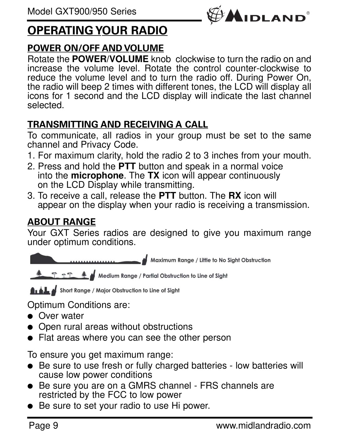 Midland Radio GXT900 Series Operating Your Radio, Power ON/OFF and Volume, Transmitting and Receiving a Call, About Range 