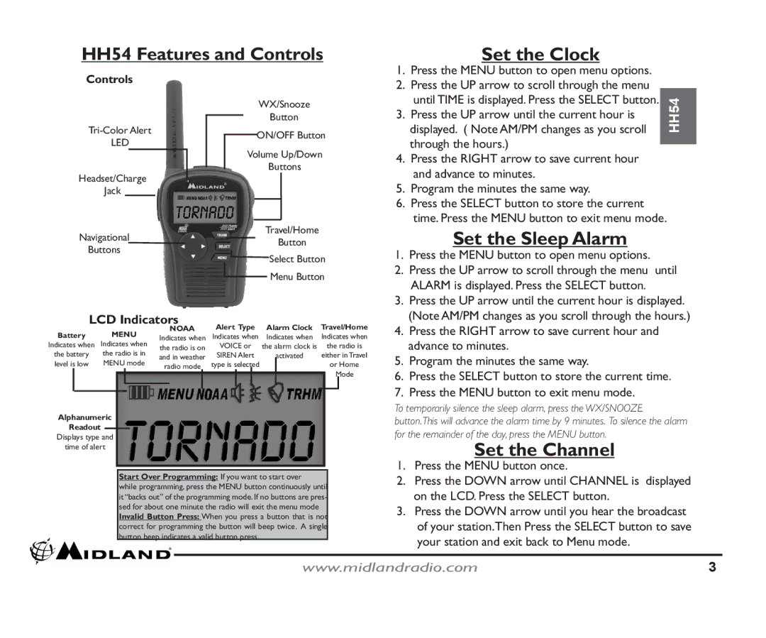 Midland Radio quick start HH54 Features and Controls Set the Clock, Set the Sleep Alarm, Set the Channel, LCD Indicators 