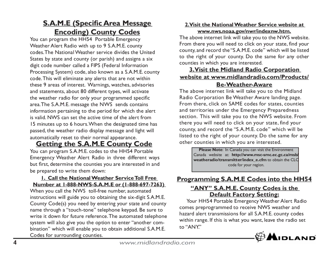 Midland Radio HH54 quick start M.E Speciﬁc Area Message Encoding County Codes, Getting the S.A.M.E County Code 