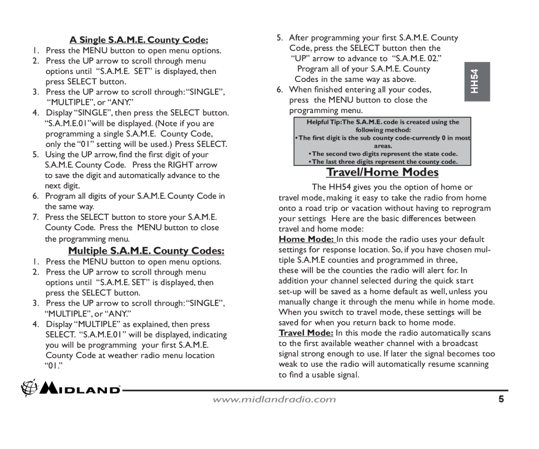 Midland Radio HH54 quick start Travel/Home Modes, Single S.A.M.E. County Code 