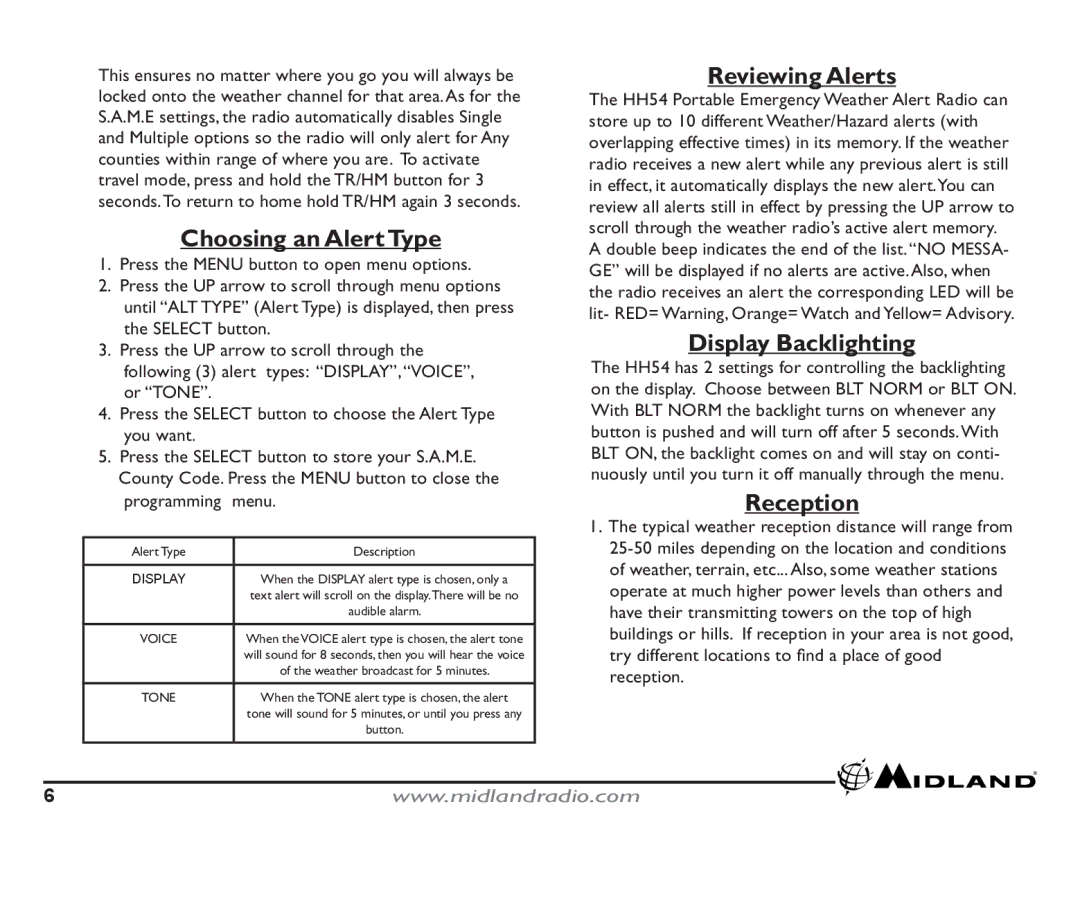 Midland Radio HH54 quick start Choosing an AlertType, Reviewing Alerts, Display Backlighting, Reception 