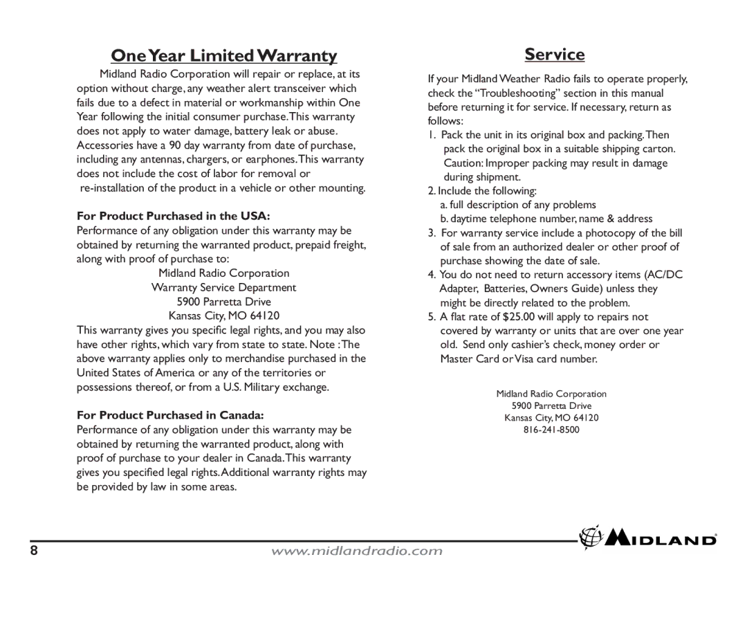 Midland Radio HH54 OneYear Limited Warranty, Service, For Product Purchased in the USA, For Product Purchased in Canada 