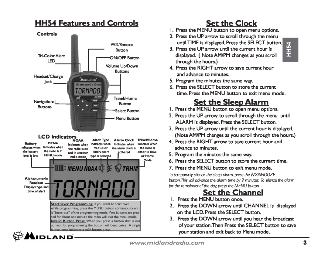Midland Radio HH54 Features and Controls, Set the Clock, Set the Sleep Alarm, Set the Channel, LCD Indicators 