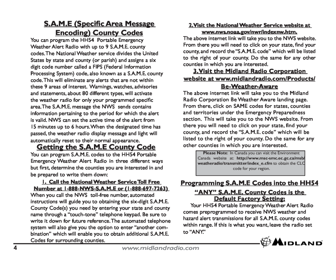 Midland Radio HH54 quick start S.A.M.E Speciﬁc Area Message, Encoding County Codes, Getting the S.A.M.E County Code 
