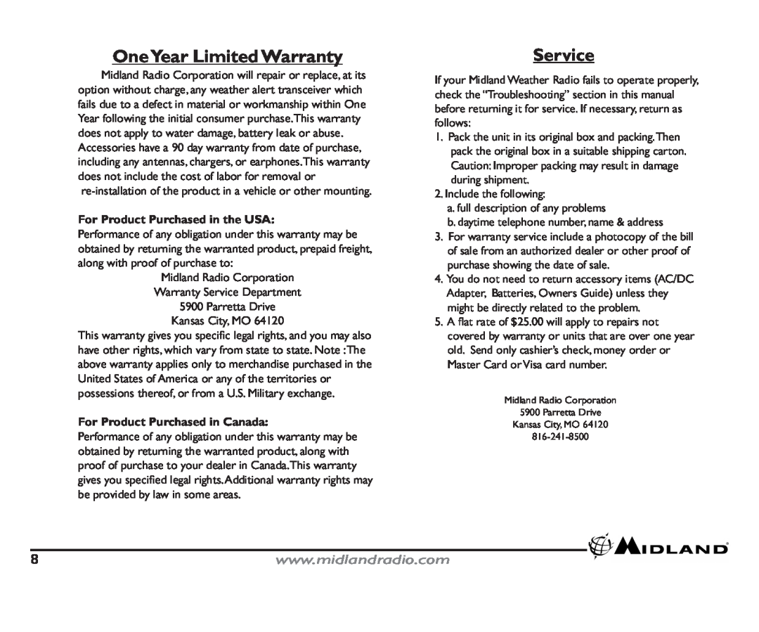 Midland Radio HH54 OneYear Limited Warranty, Service, For Product Purchased in the USA, For Product Purchased in Canada 