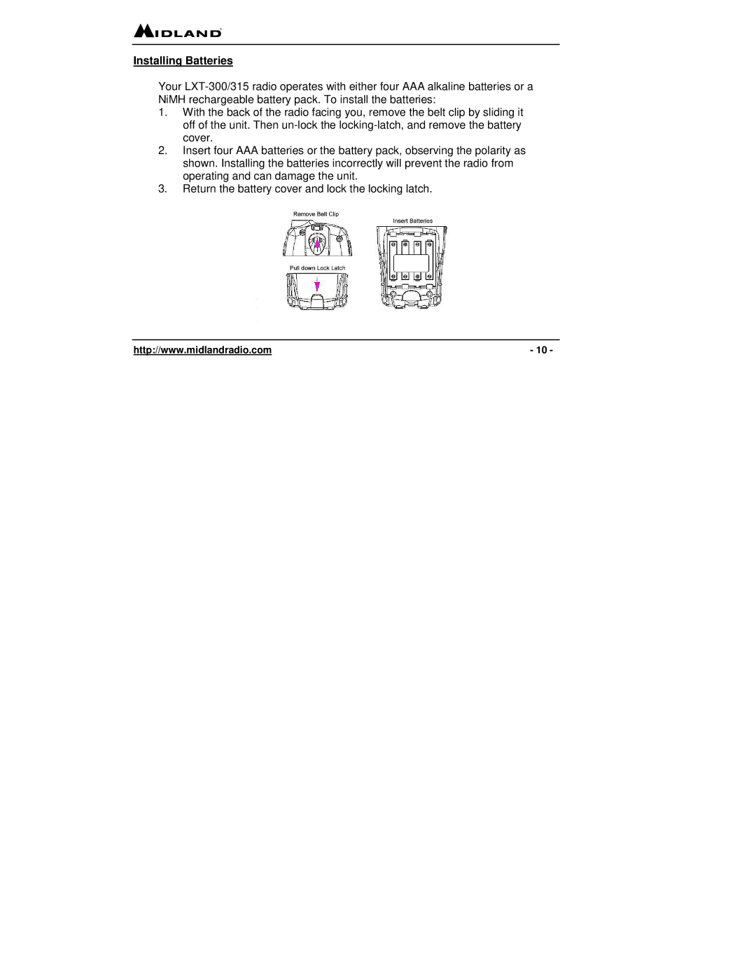 Midland Radio LXT 300 Series, LXT 315 Series owner manual Installing Batteries 