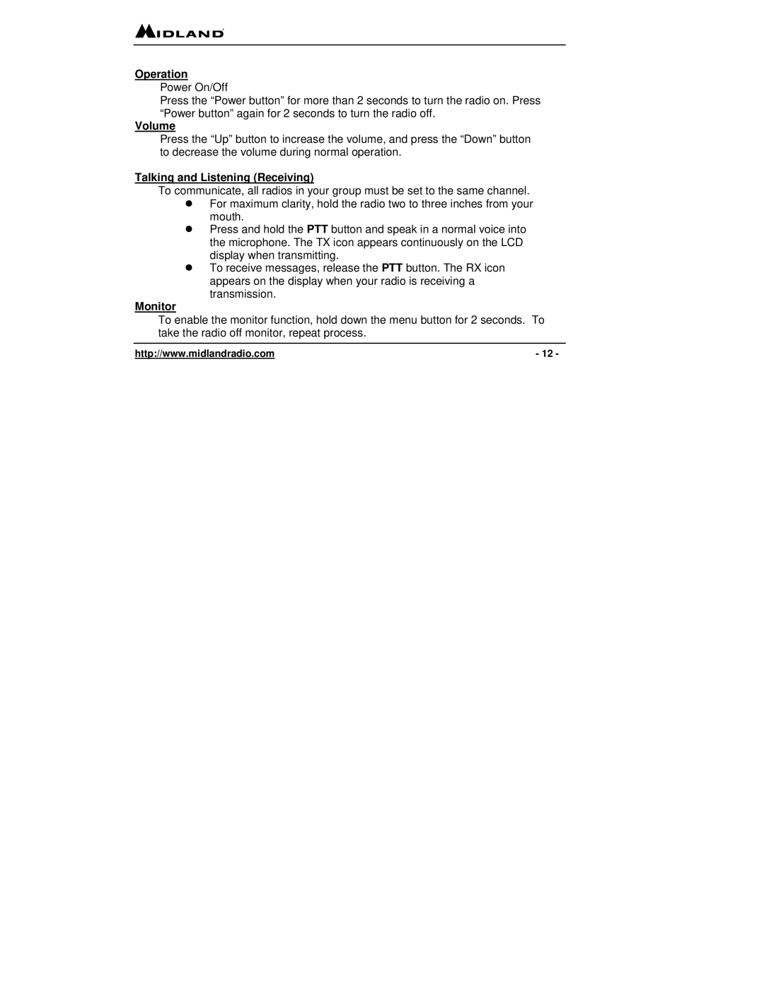 Midland Radio LXT 300 Series, LXT 315 Series Operation Power On/Off, Volume, Talking and Listening Receiving, Monitor 