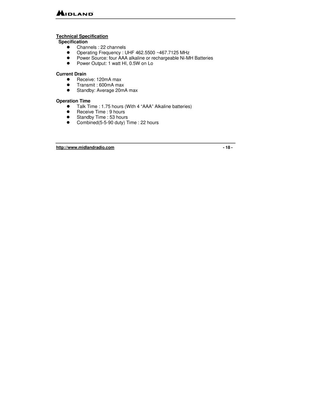 Midland Radio LXT 300 Series, LXT 315 Series owner manual Technical Specification, Current Drain, Operation Time 