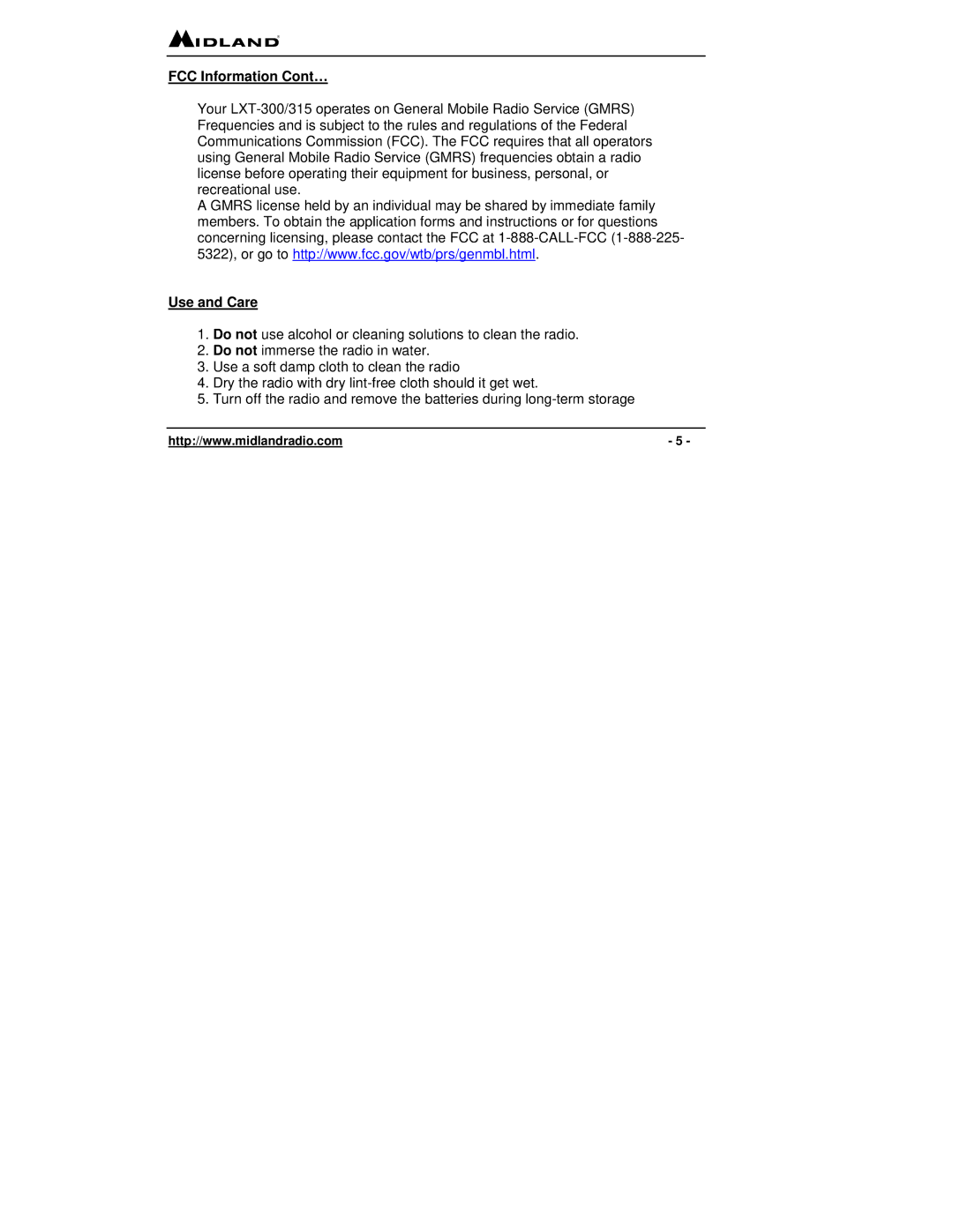 Midland Radio LXT 315 Series, LXT 300 Series owner manual FCC Information Cont…, Use and Care 