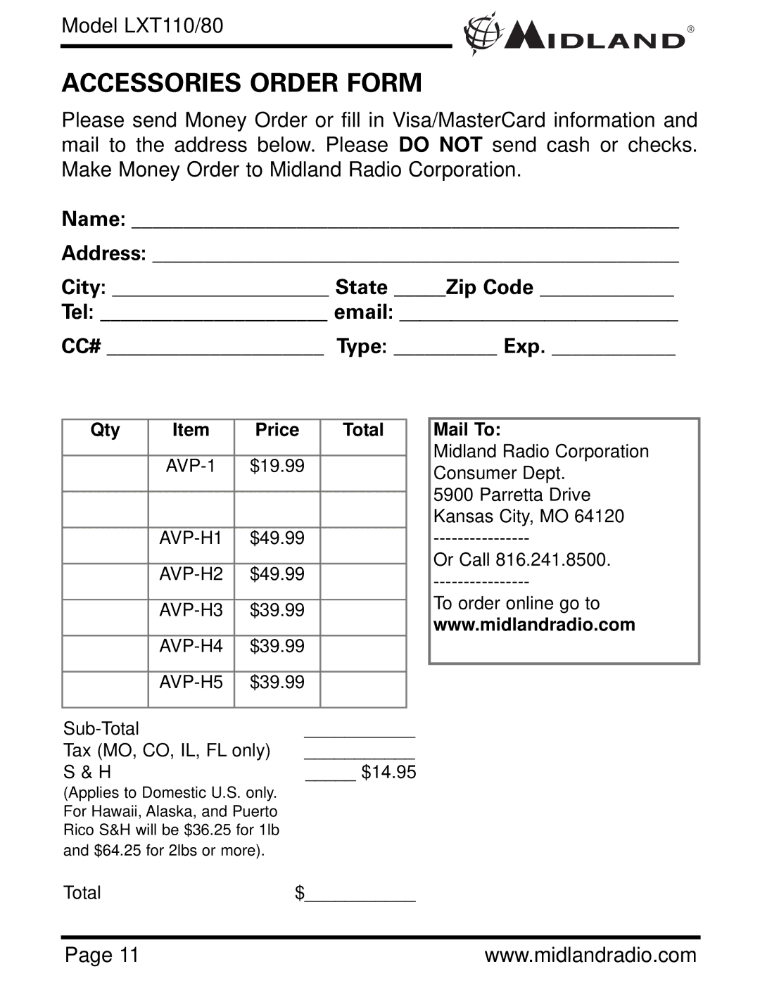 Midland Radio LXT110/80 owner manual Accessories Order Form, Name Address City State Zip Code Tel email 