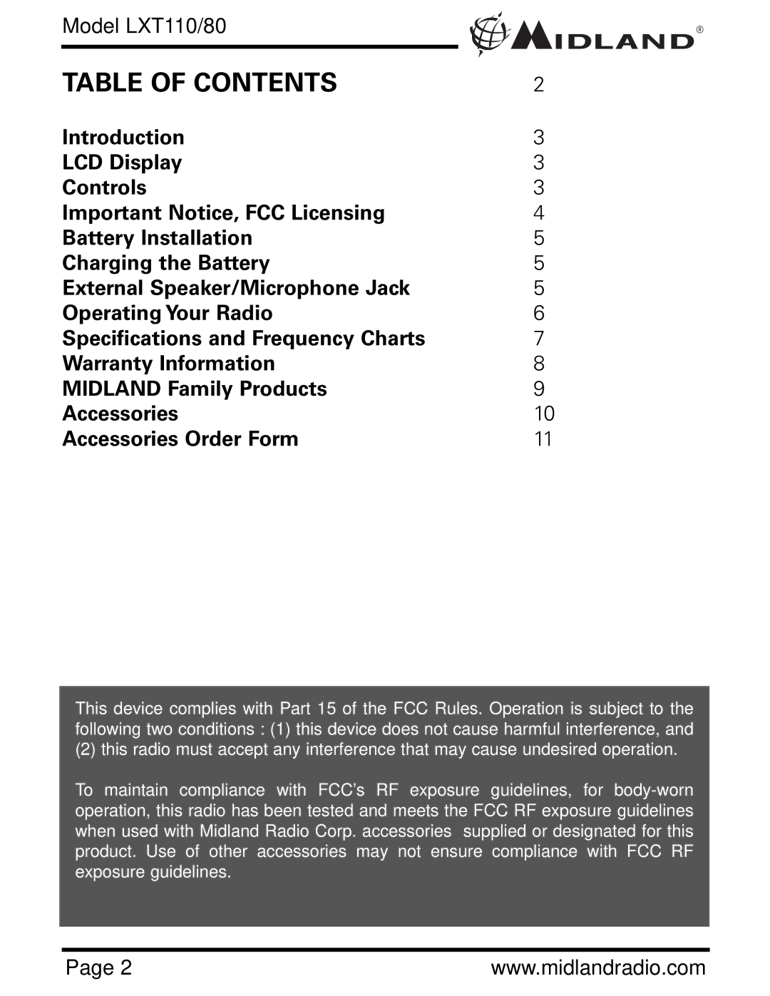 Midland Radio LXT110/80 owner manual Table of Contents 