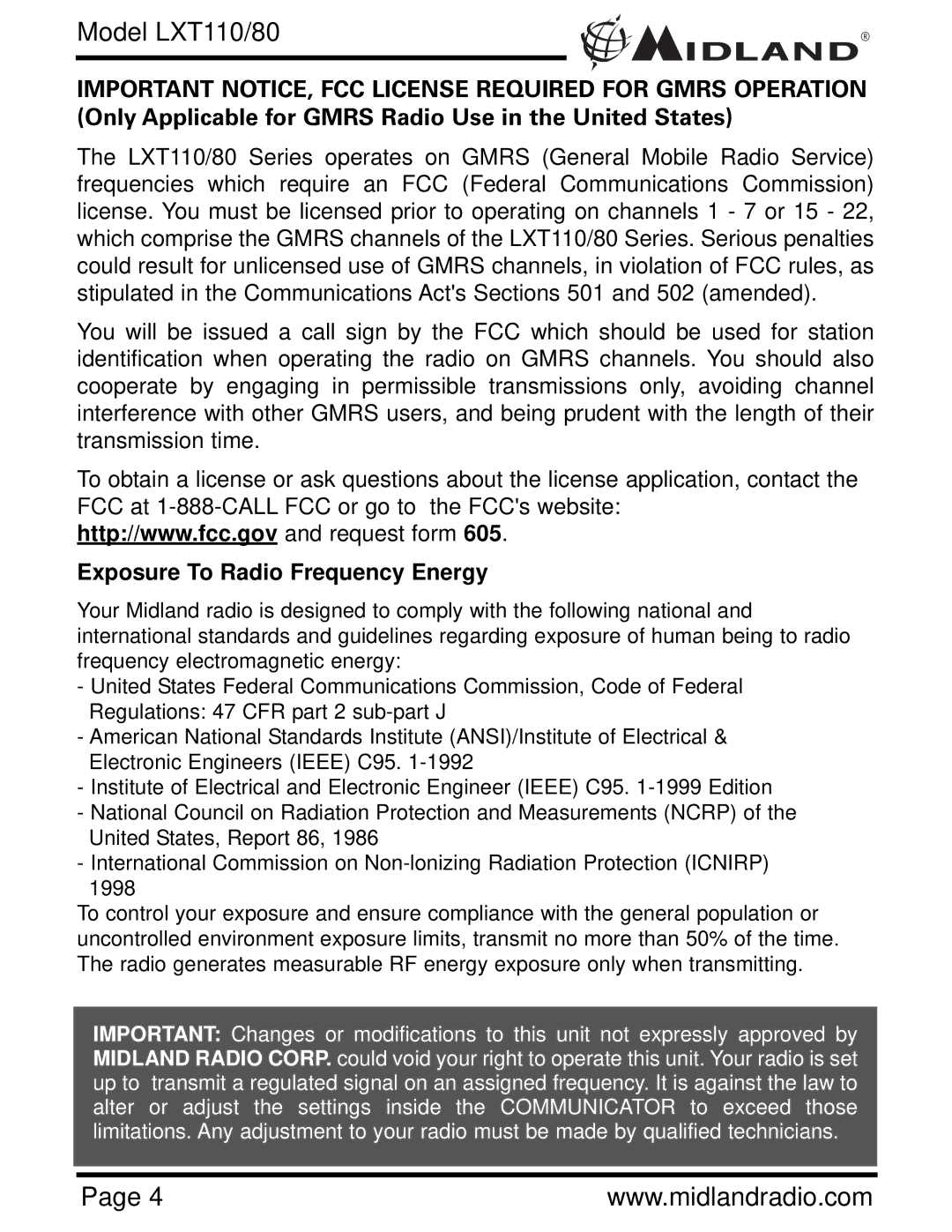 Midland Radio LXT110/80 owner manual Exposure To Radio Frequency Energy 