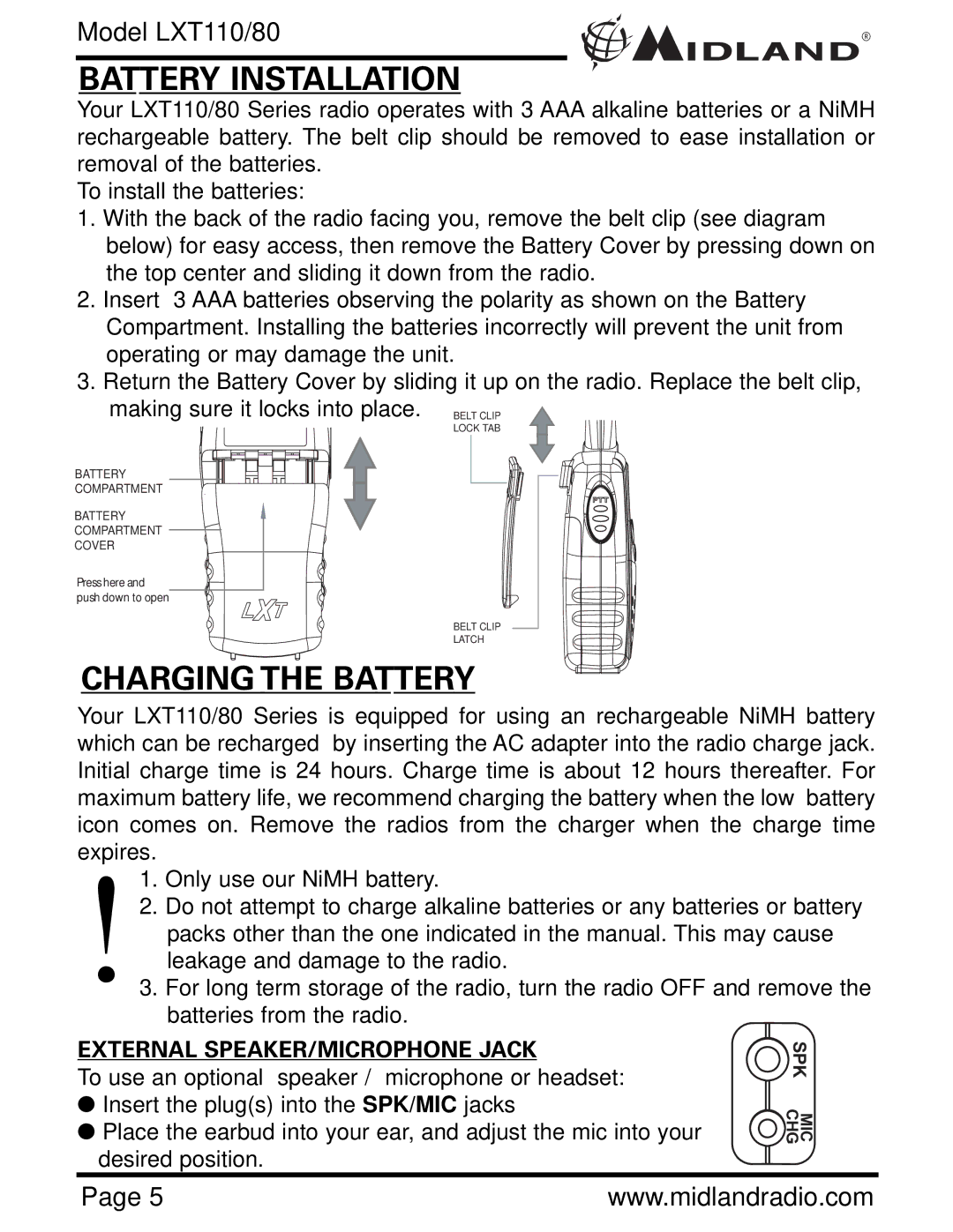 Midland Radio LXT110/80 owner manual Battery Installation, Charging the Battery 