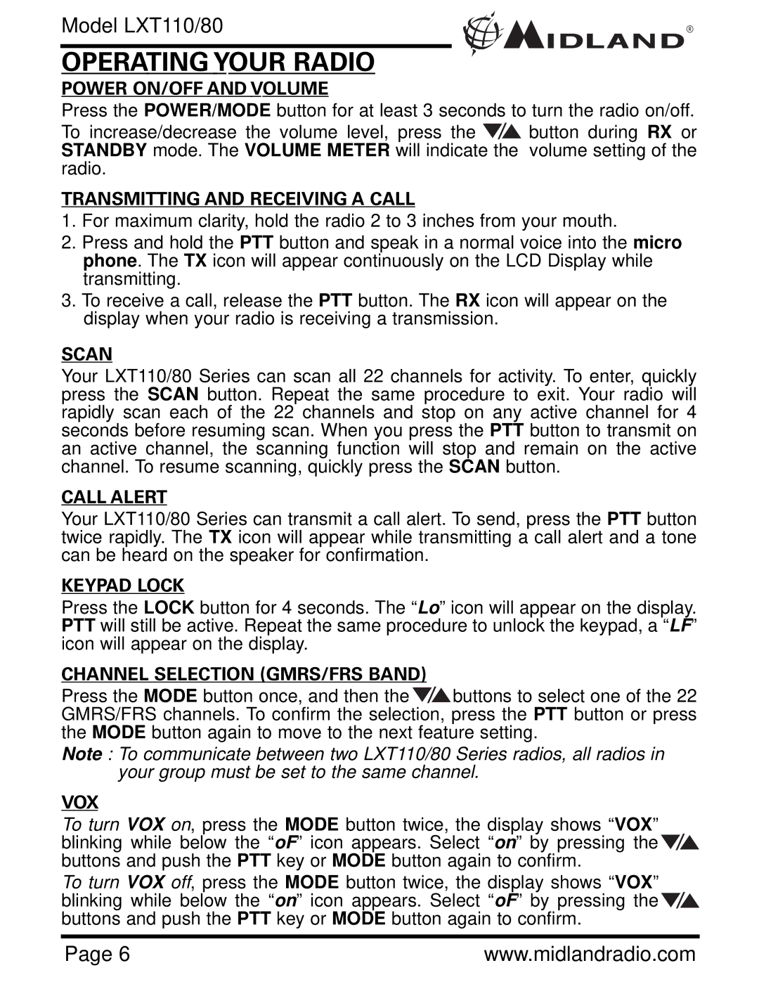 Midland Radio LXT110/80 owner manual Operating Your Radio, Power ON/OFF and Volume 