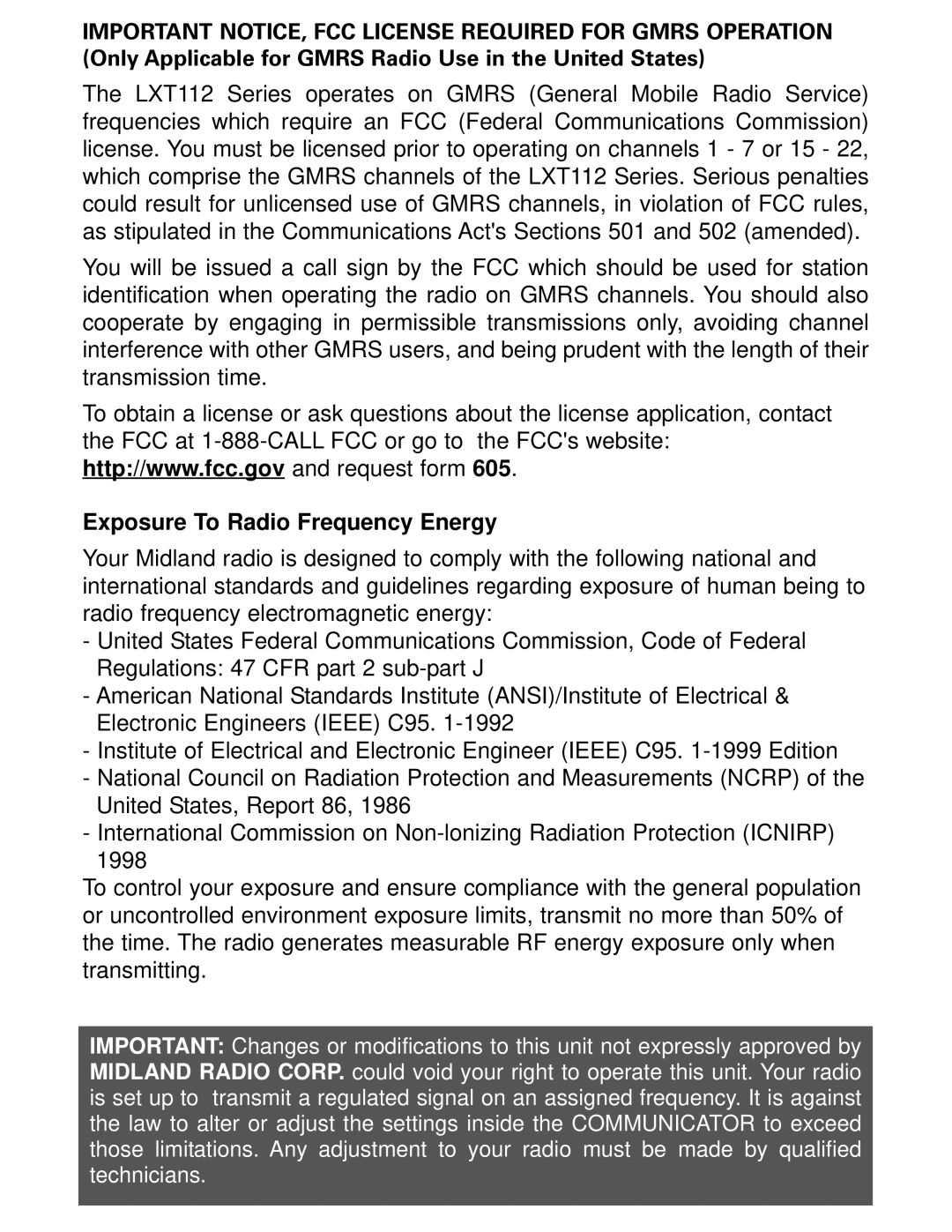 Midland Radio LXT112 Series owner manual Exposure To Radio Frequency Energy 