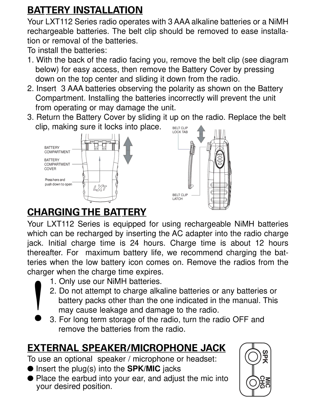 Midland Radio LXT112 Series owner manual Battery Installation, Charging the Battery, External SPEAKER/MICROPHONE Jack 